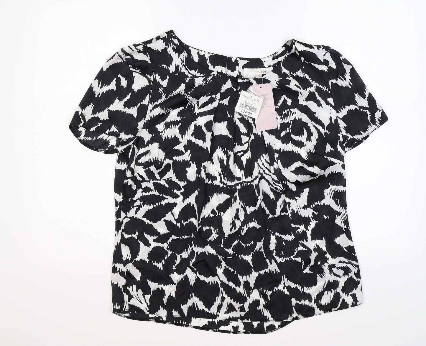 EWM Womens Black Geometric Satin Tunic Blouse Size 14