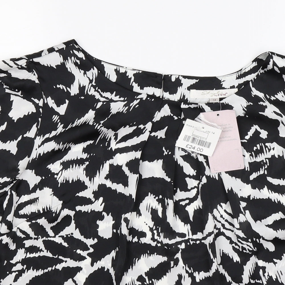 EWM Womens Black Geometric Satin Tunic Blouse Size 14