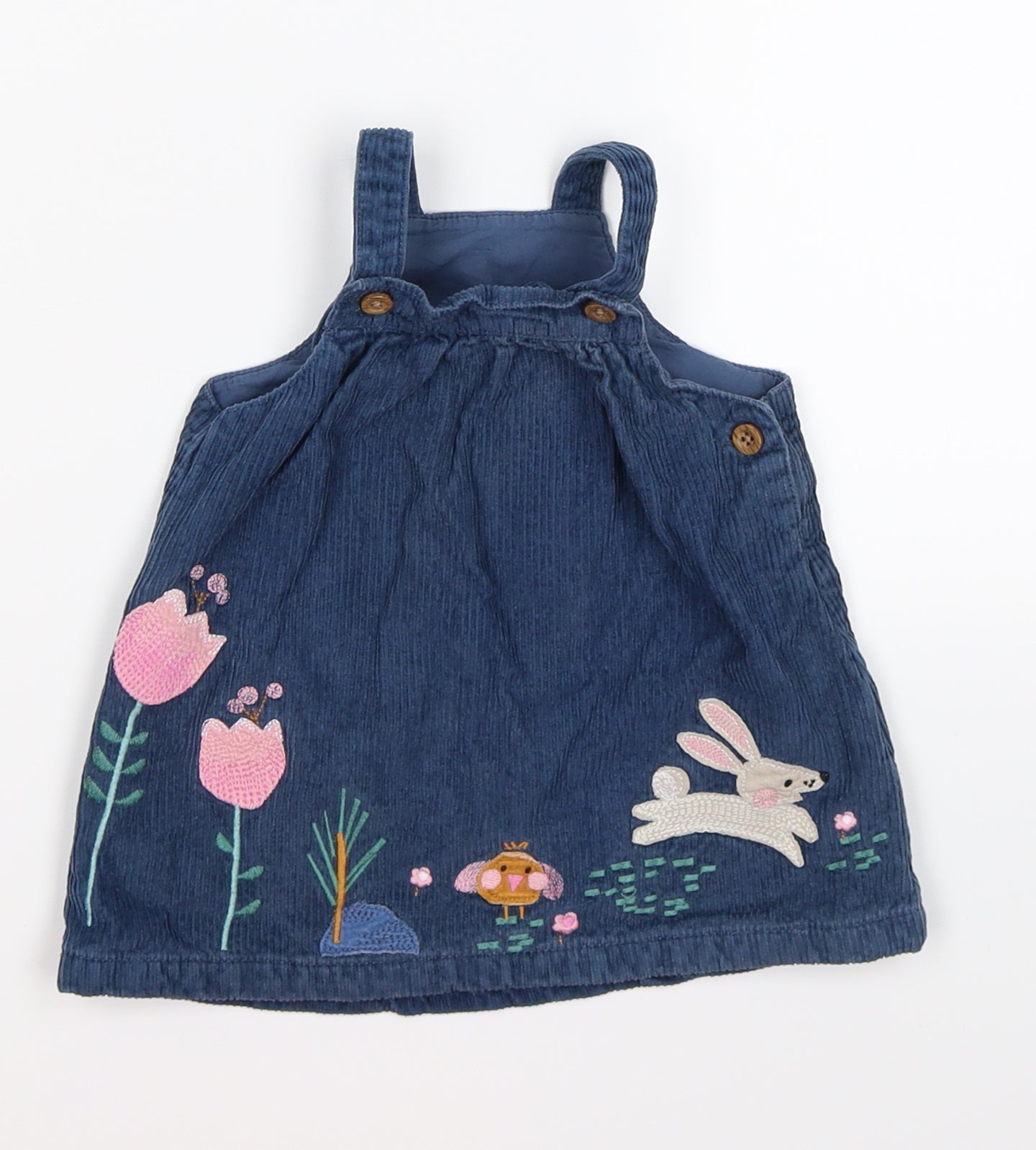 Marks and Spencer Girls Blue Striped Corduroy Pinafore/Dungaree Dress  Size 6-9 Months  - rabbit bird