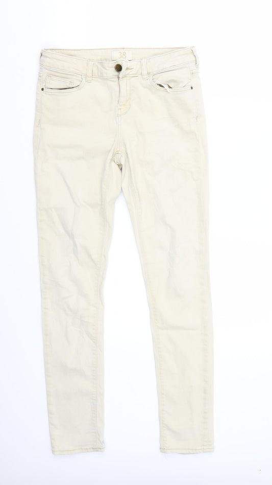 Front view of 38 women’s beige straight jeans, size UK 6, 28-inch leg
