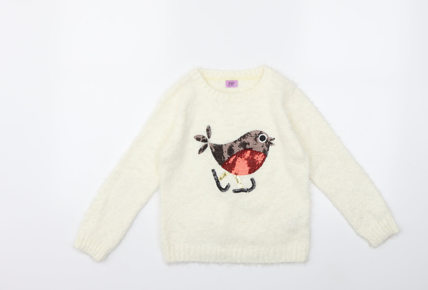 F&F Girls White  Knit Pullover Jumper Size 6-7 Years  - CHRISTMAS