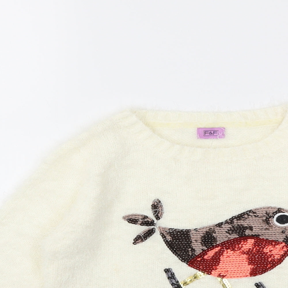 F&F Girls White  Knit Pullover Jumper Size 6-7 Years  - CHRISTMAS