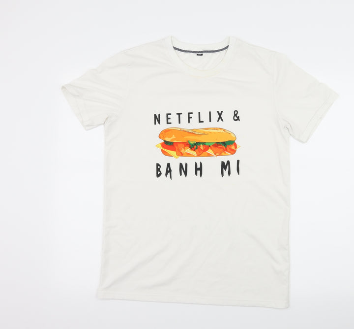 Preworn Mens White Geometric Jersey T-Shirt Size XL - Netflix and Ba N H Mi