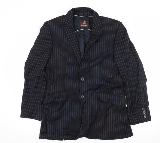 Front view of Duffer men’s blue striped jacket suit jacket, size M