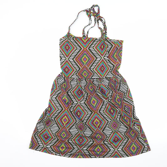 Front view of Ocean Club women’s multicoloured geometric jersey slip dress, size UK 10