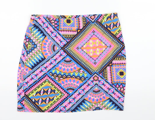 Front view of Atmosphere women’s multicoloured geometric jersey a-line skirt, size UK 10