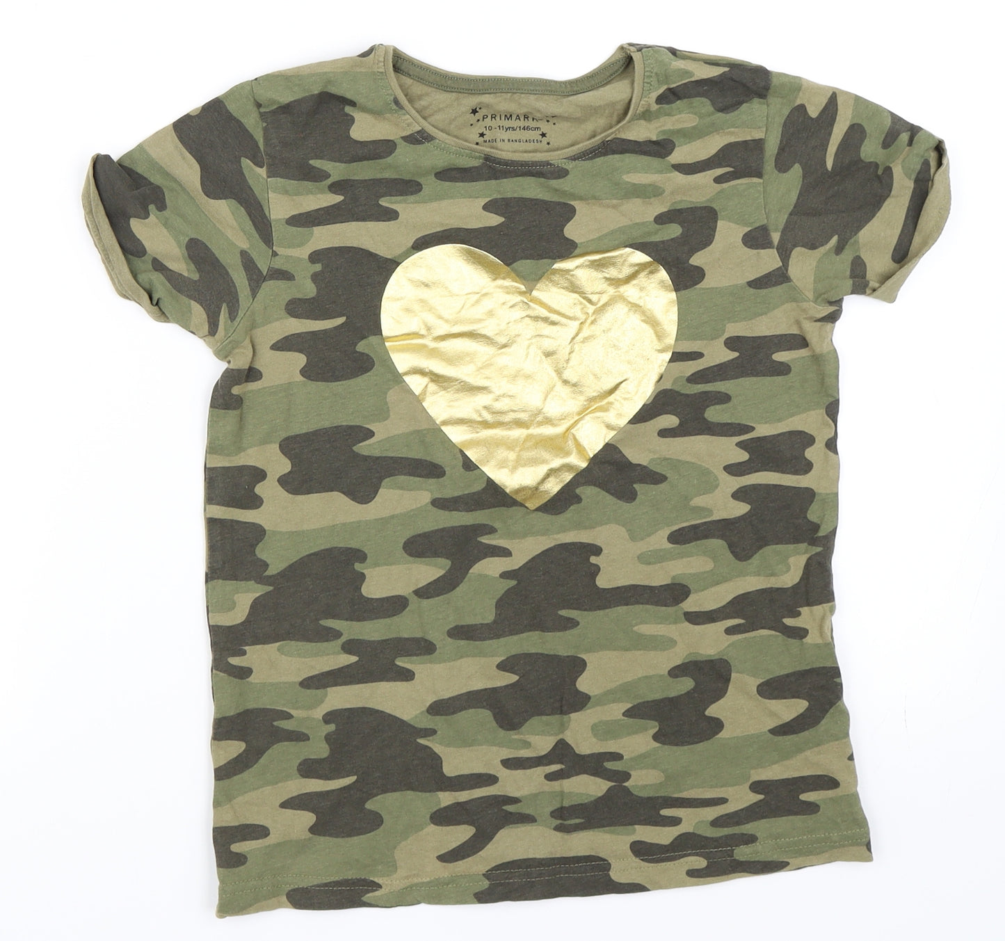 Primark Girls Green Camouflage  Basic T-Shirt Size 10-11 Years
