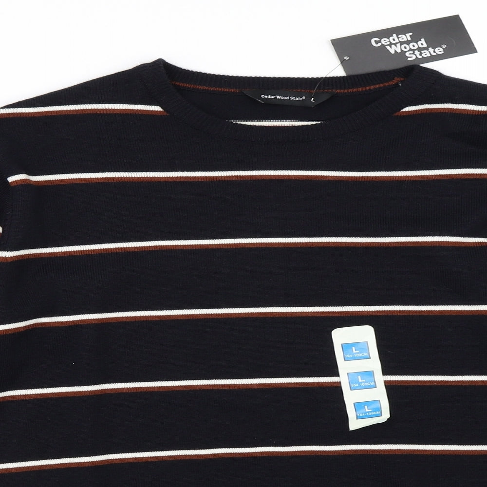 Cedar Wood State Mens Blue Striped  Pullover Jumper Size L