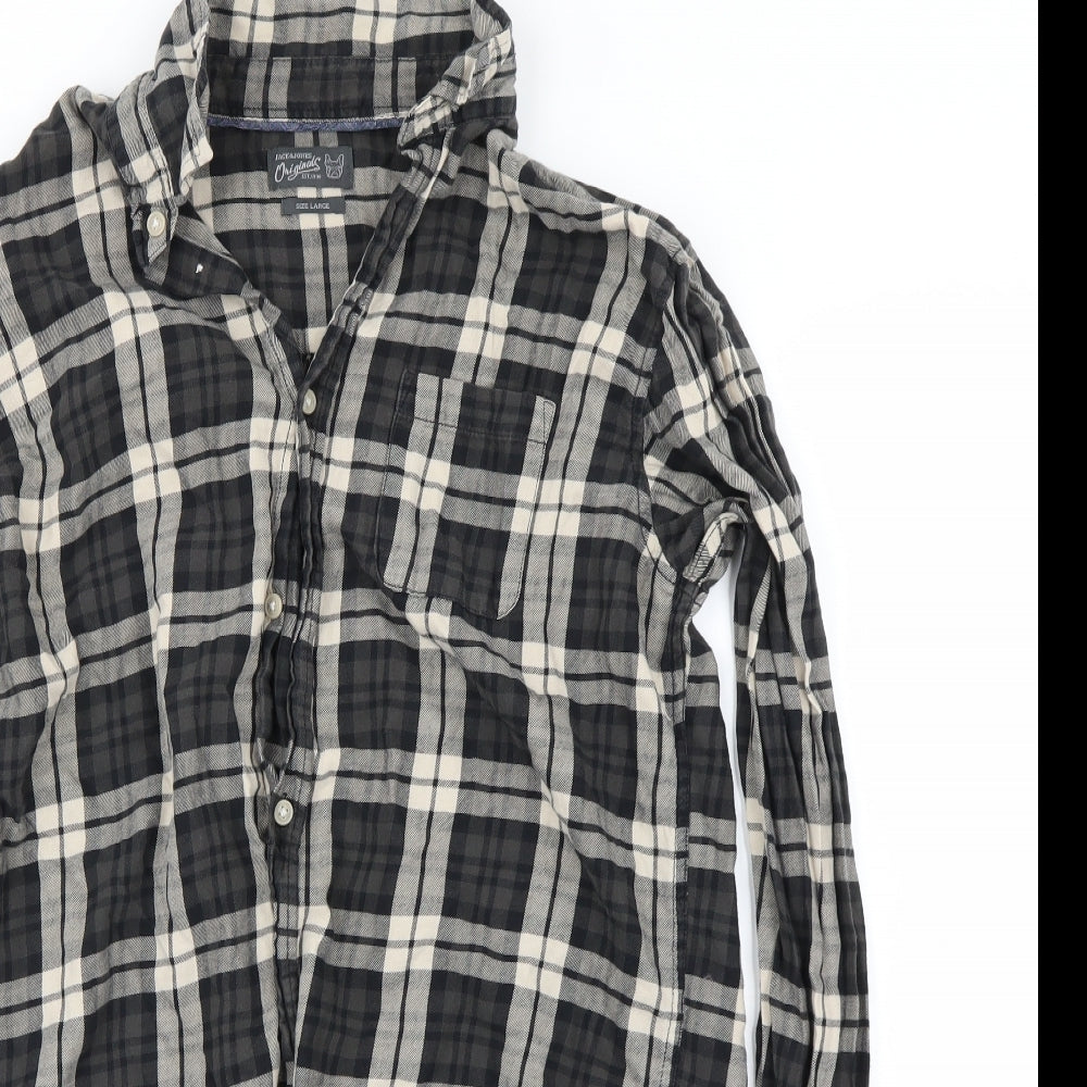 JACK & JONES Mens Grey Check   Button-Up Size L