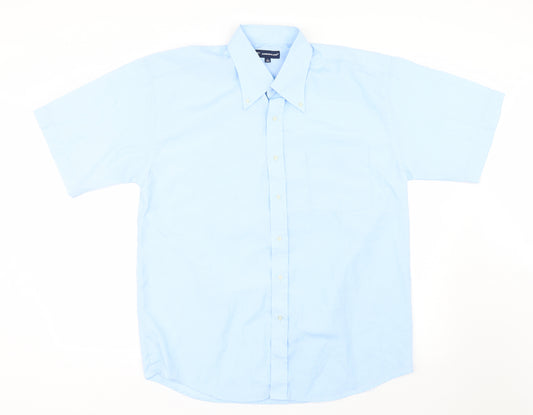 Front view of 1st American men’s blue button-up, size L