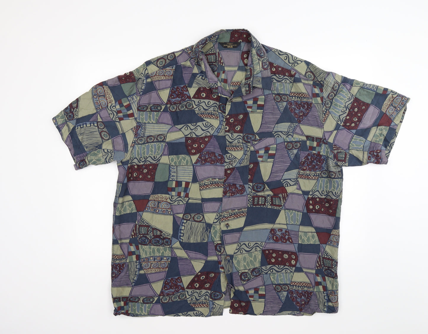 Marks and Spencer Mens Blue Geometric   Button-Up Size L  - 100% silk