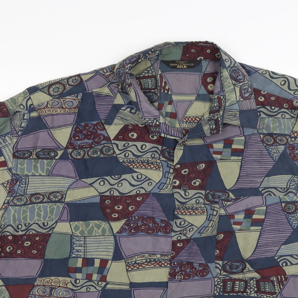 Marks and Spencer Mens Blue Geometric   Button-Up Size L  - 100% silk