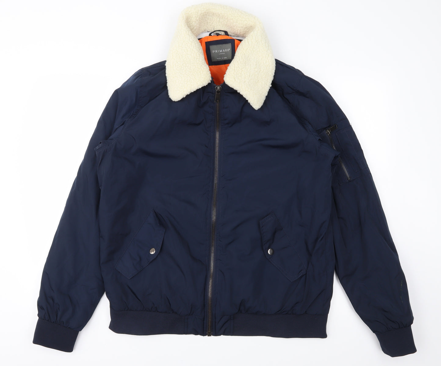 Primark Mens Blue   Bomber Jacket Jacket Size L  - Detachable fur collar`