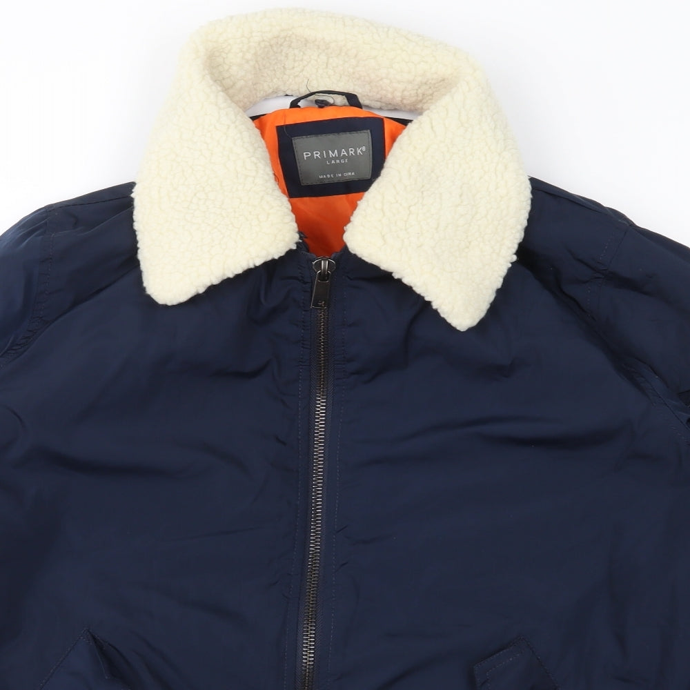 Primark Mens Blue   Bomber Jacket Jacket Size L  - Detachable fur collar`