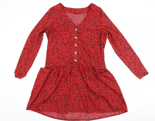 Front view of influence women’s red floral skater dress, size UK 10
