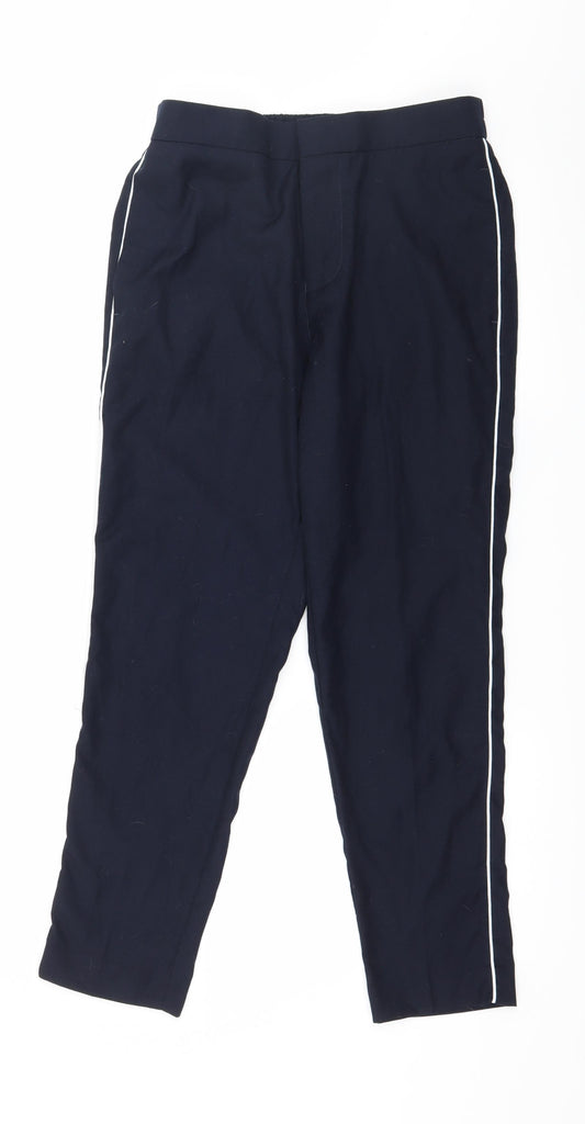Front view of New Look men’s blue striped cropped trousers, size 30, in, 26-inch leg