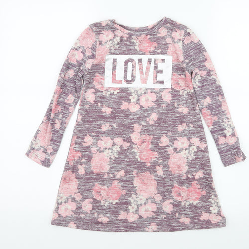 Primark Girls Purple Floral Knit T-Shirt Dress  Size 5-6 Years  - Love