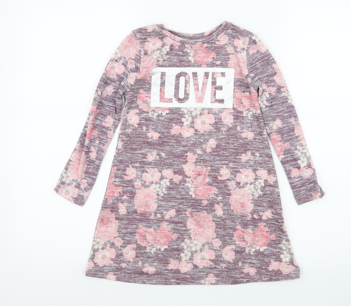 Primark Girls Purple Floral Knit T-Shirt Dress  Size 5-6 Years  - Love