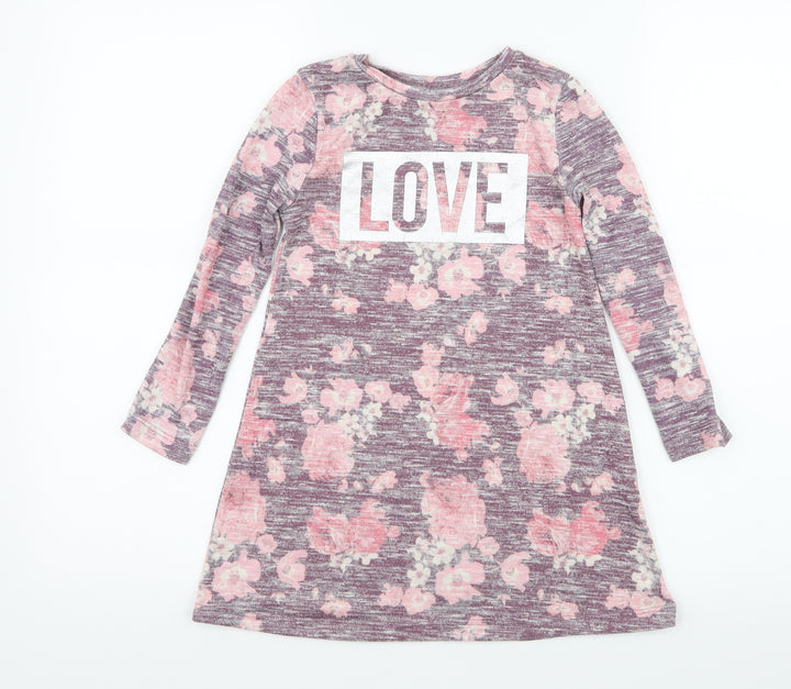 Primark Girls Purple Floral Knit T-Shirt Dress  Size 5-6 Years  - Love