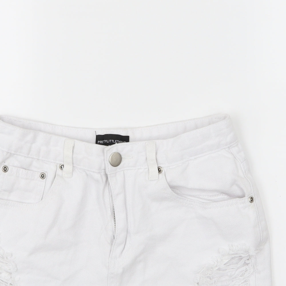 PRETTYLITTLETHING Womens White  Denim Mom Shorts Size 10 - Distressed
