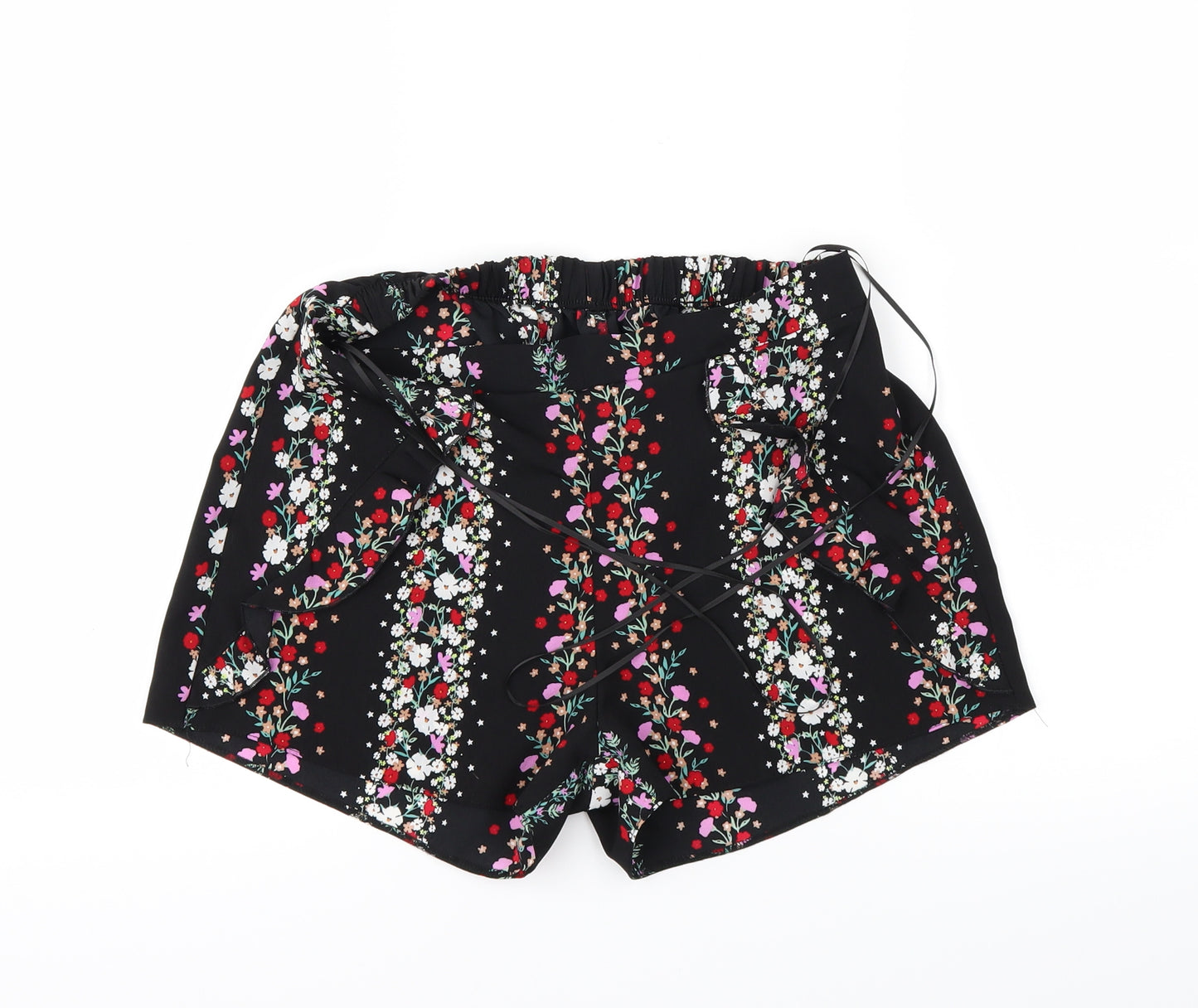 Preworn Womens Black Floral  Paperbag Shorts Size 8