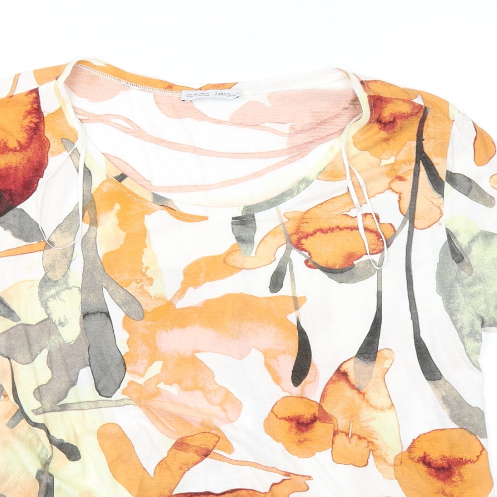 Zara Womens White Floral  Basic T-Shirt Size L