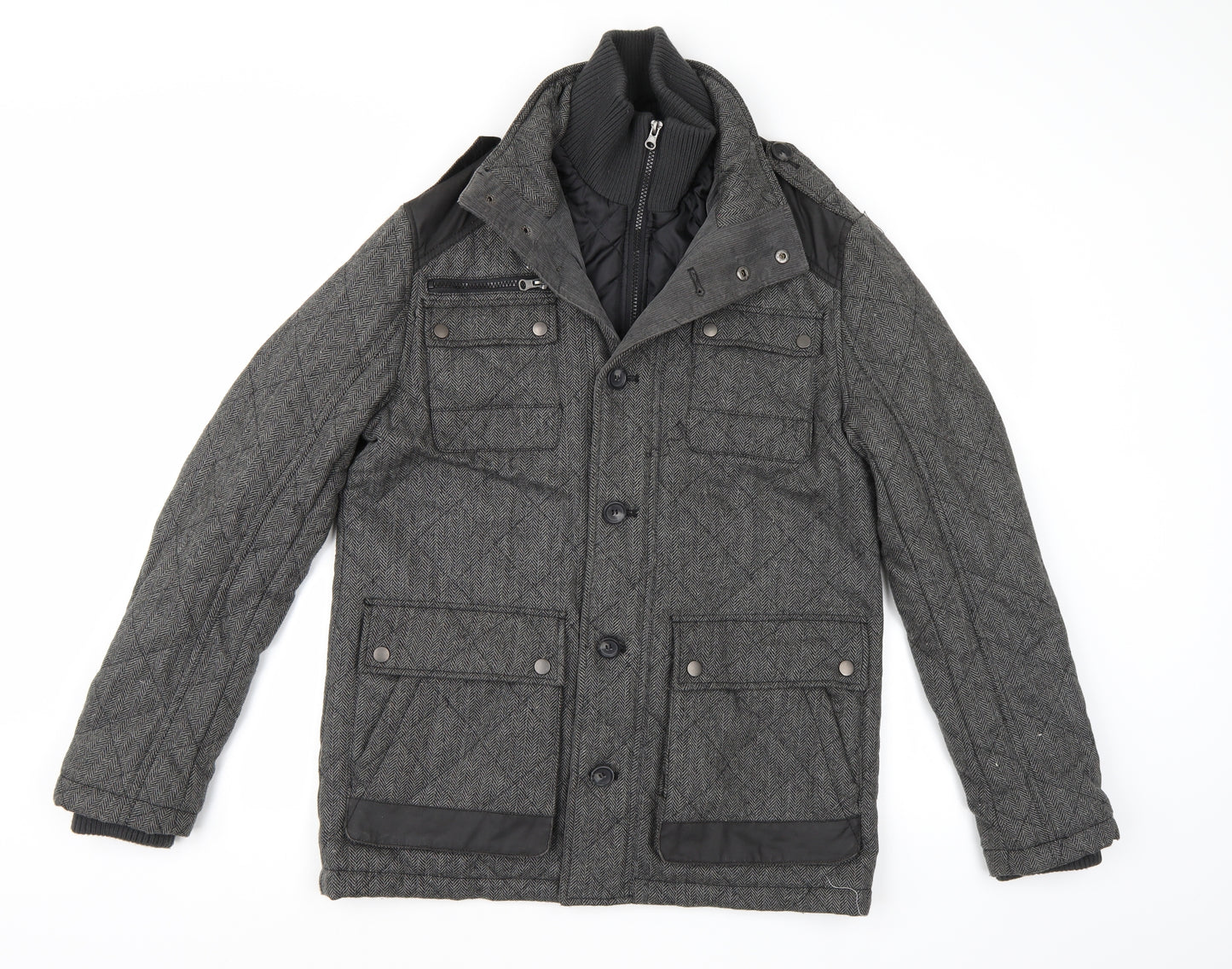 George Mens Grey Herringbone  Quilted Coat Size S