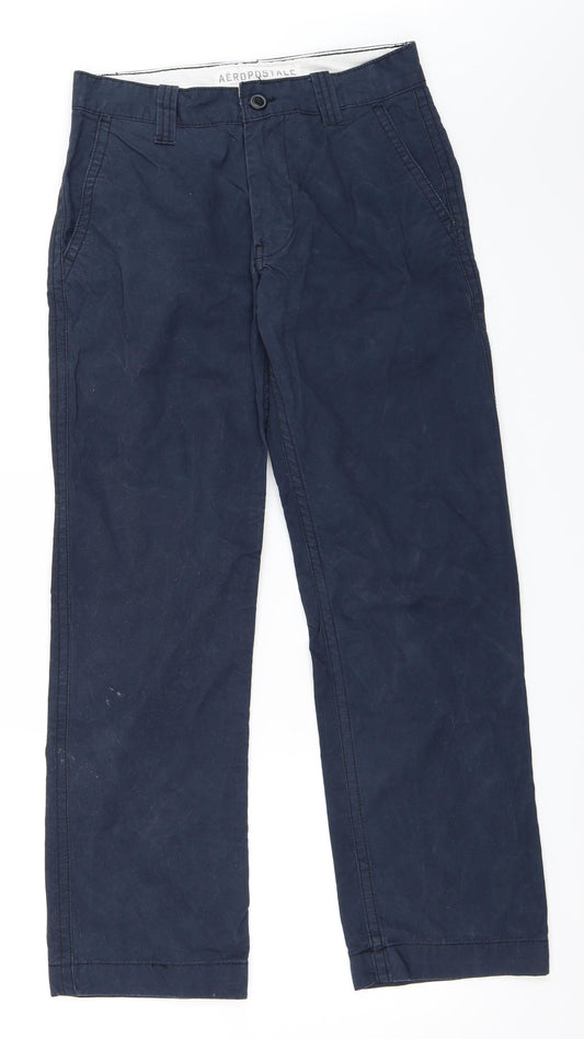 Front view of Aeropostale men’s blue chino trousers, size 29, in, 30-inch leg