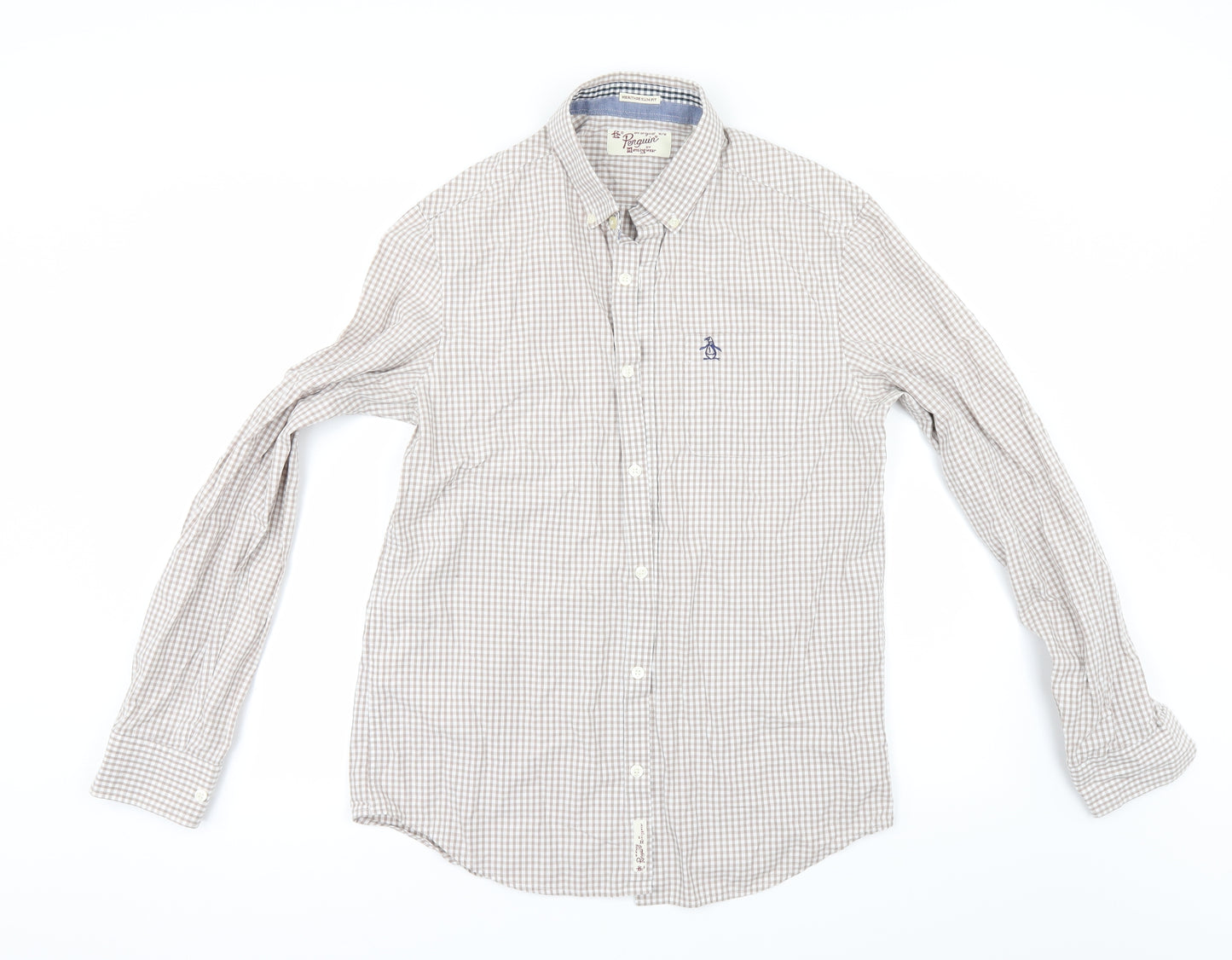 Penguin Mens Beige Check   Button-Up Size M
