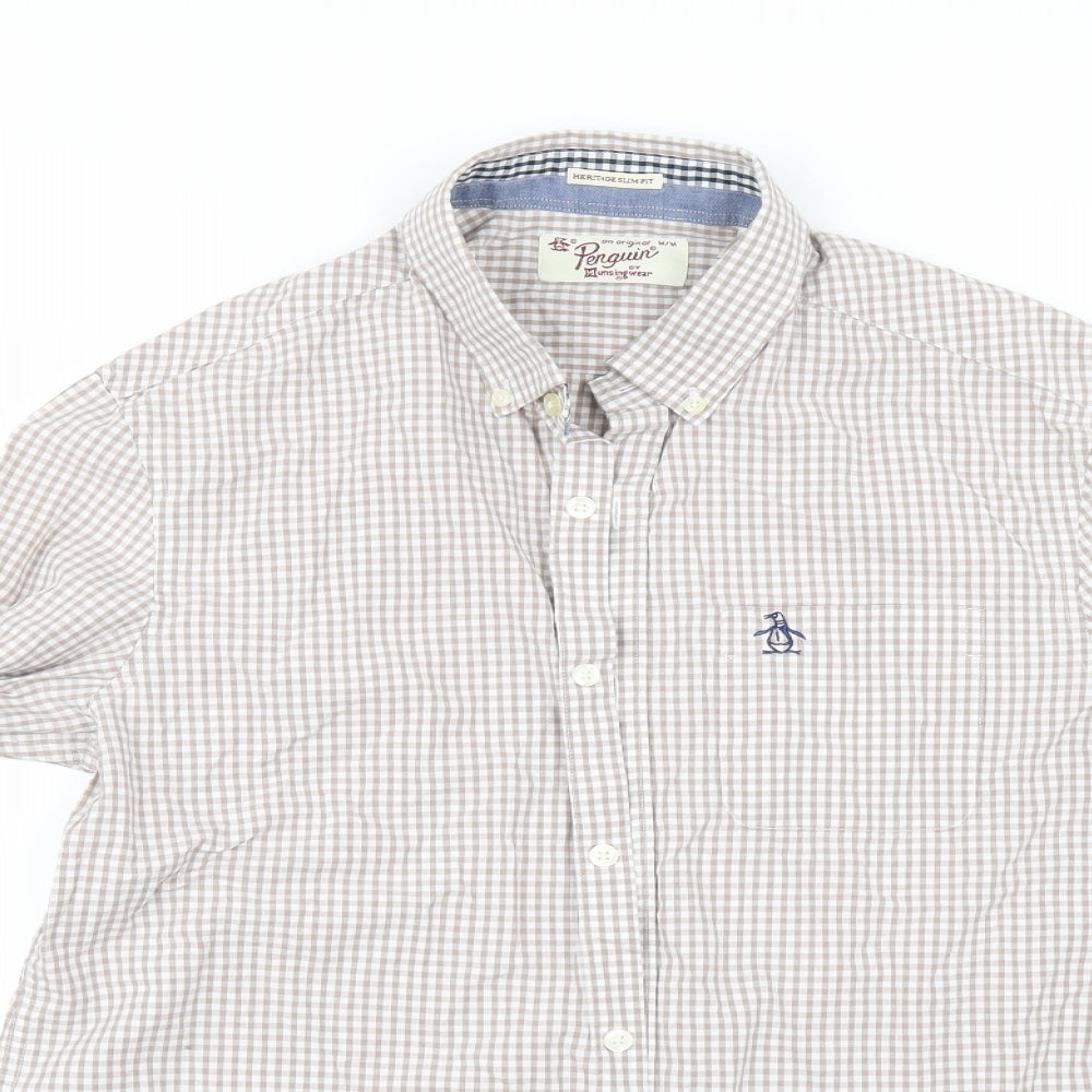 Penguin Mens Beige Check   Button-Up Size M