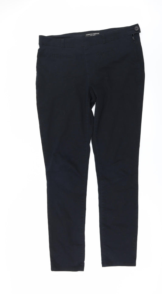 Front view of Dorothy Perkins women’s black trousers, size UK 14, 30-inch leg