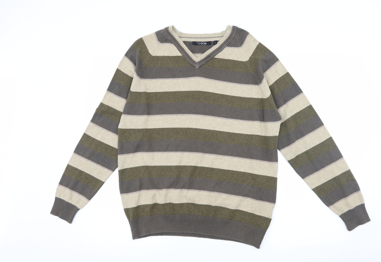 Officers Club Mens Green Striped Knit Pullover Jumper Size L