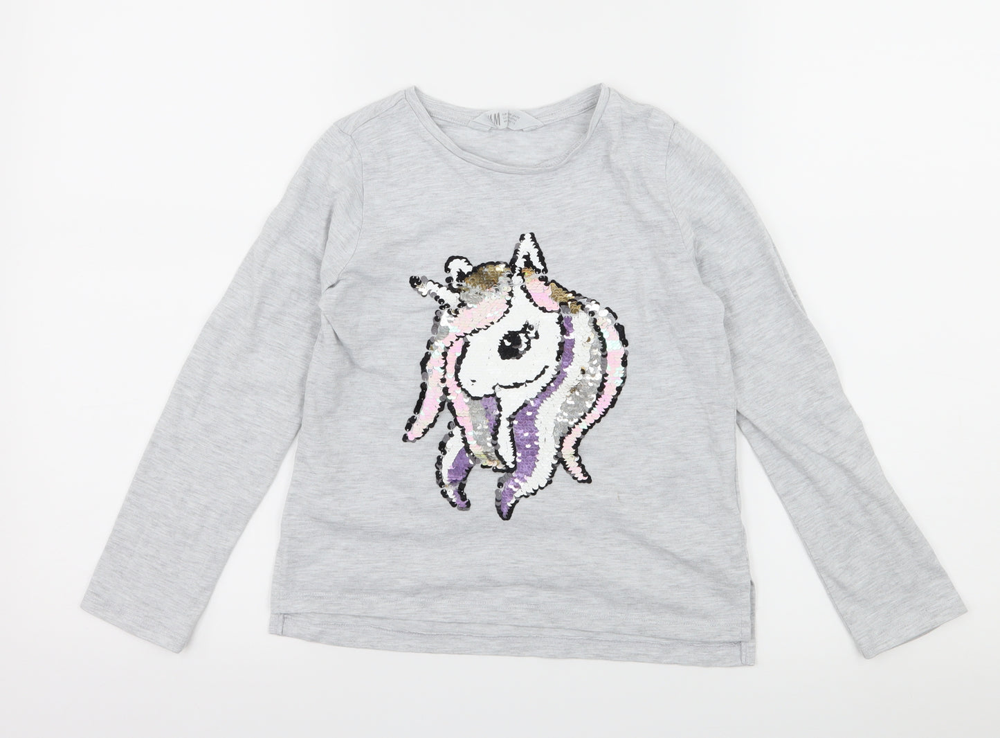 H&M Girls Grey  Jersey Basic T-Shirt Size 7-8 Years  - Unicorn