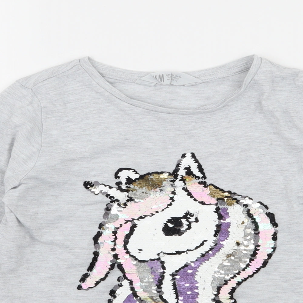 H&M Girls Grey  Jersey Basic T-Shirt Size 7-8 Years  - Unicorn