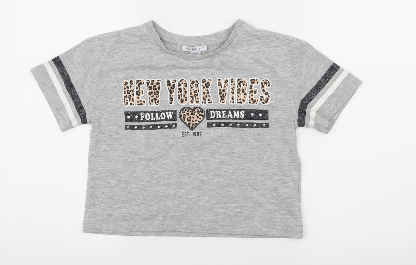 Primark Girls Grey Striped Jersey Basic T-Shirt Size 9-10 Years  - New York Vibes
