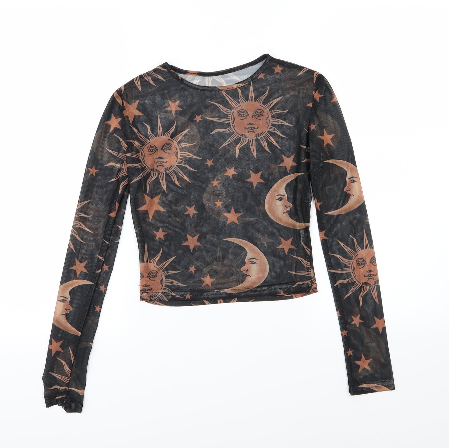 Preworn Womens Black  Mesh Basic T-Shirt Size S  - Stars, moon and sun