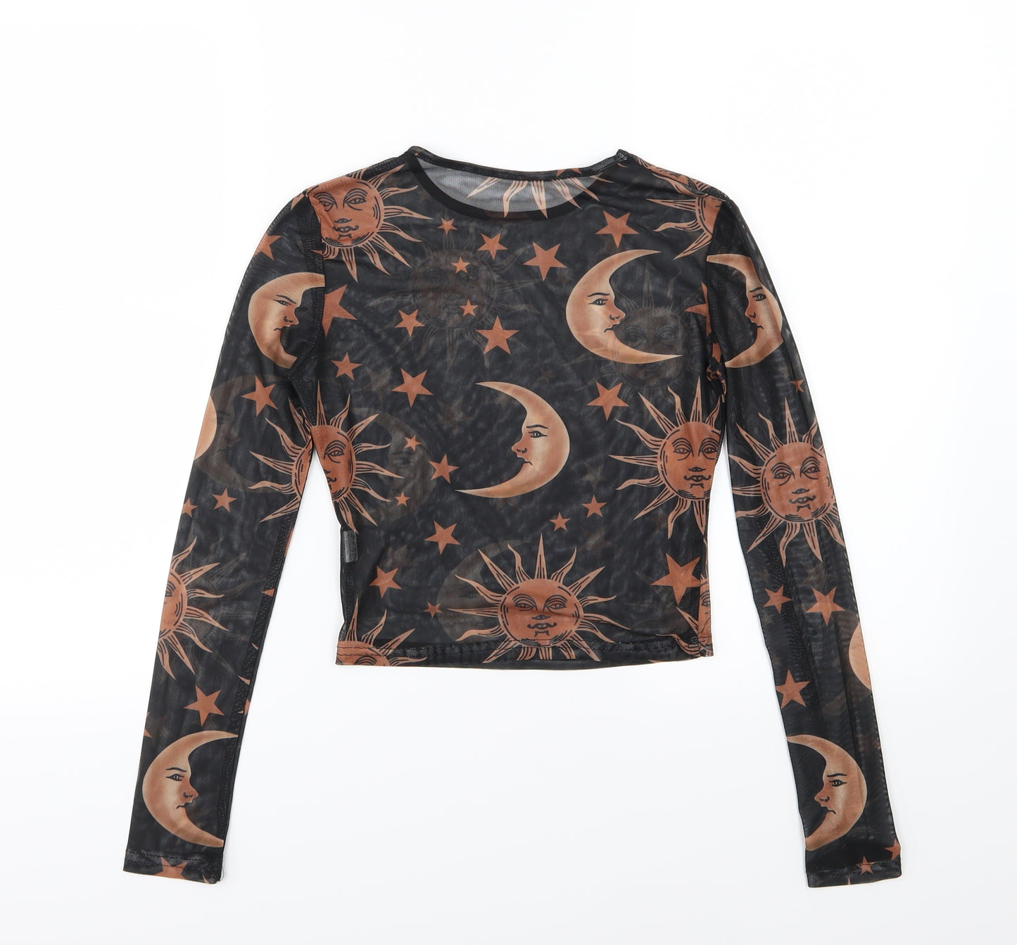 Preworn Womens Black  Mesh Basic T-Shirt Size S  - Stars, moon and sun