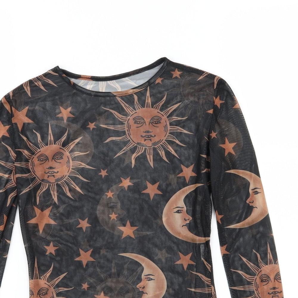 Preworn Womens Black  Mesh Basic T-Shirt Size S  - Stars, moon and sun