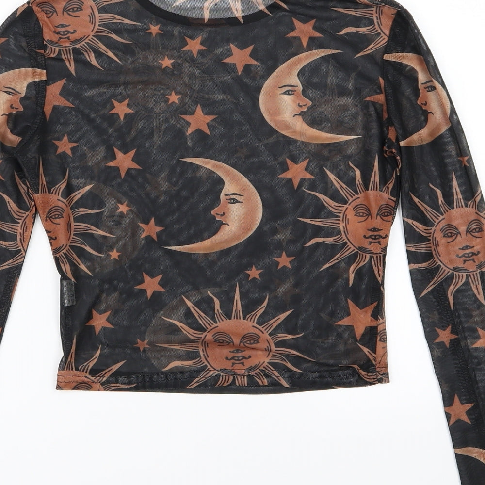 Preworn Womens Black  Mesh Basic T-Shirt Size S  - Stars, moon and sun