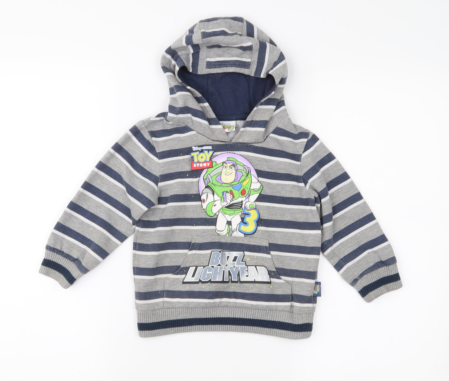Disney Pixar Boys Grey Striped Jersey Pullover Hoodie Size 2-3 Years  - Buzz lightyear