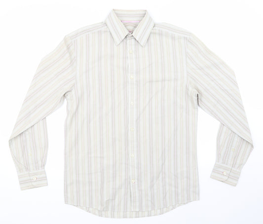 Front view of Next men’s beige striped button-up, size S
