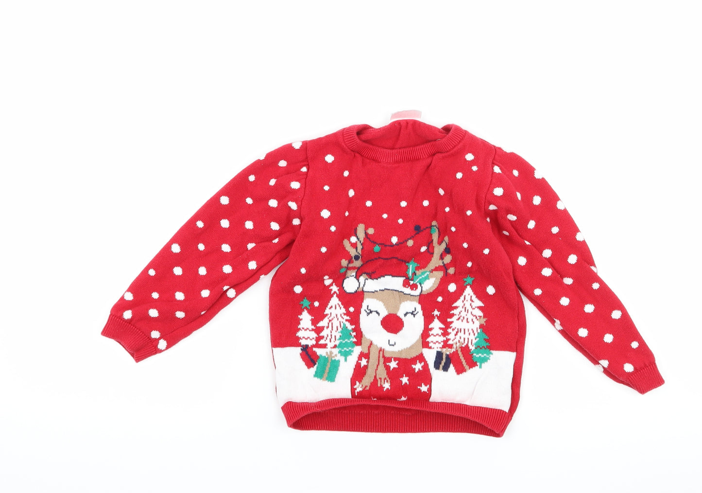 so cute Girls Red Polka Dot  Pullover Jumper Size 2-3 Years  - Christmas Reindeer