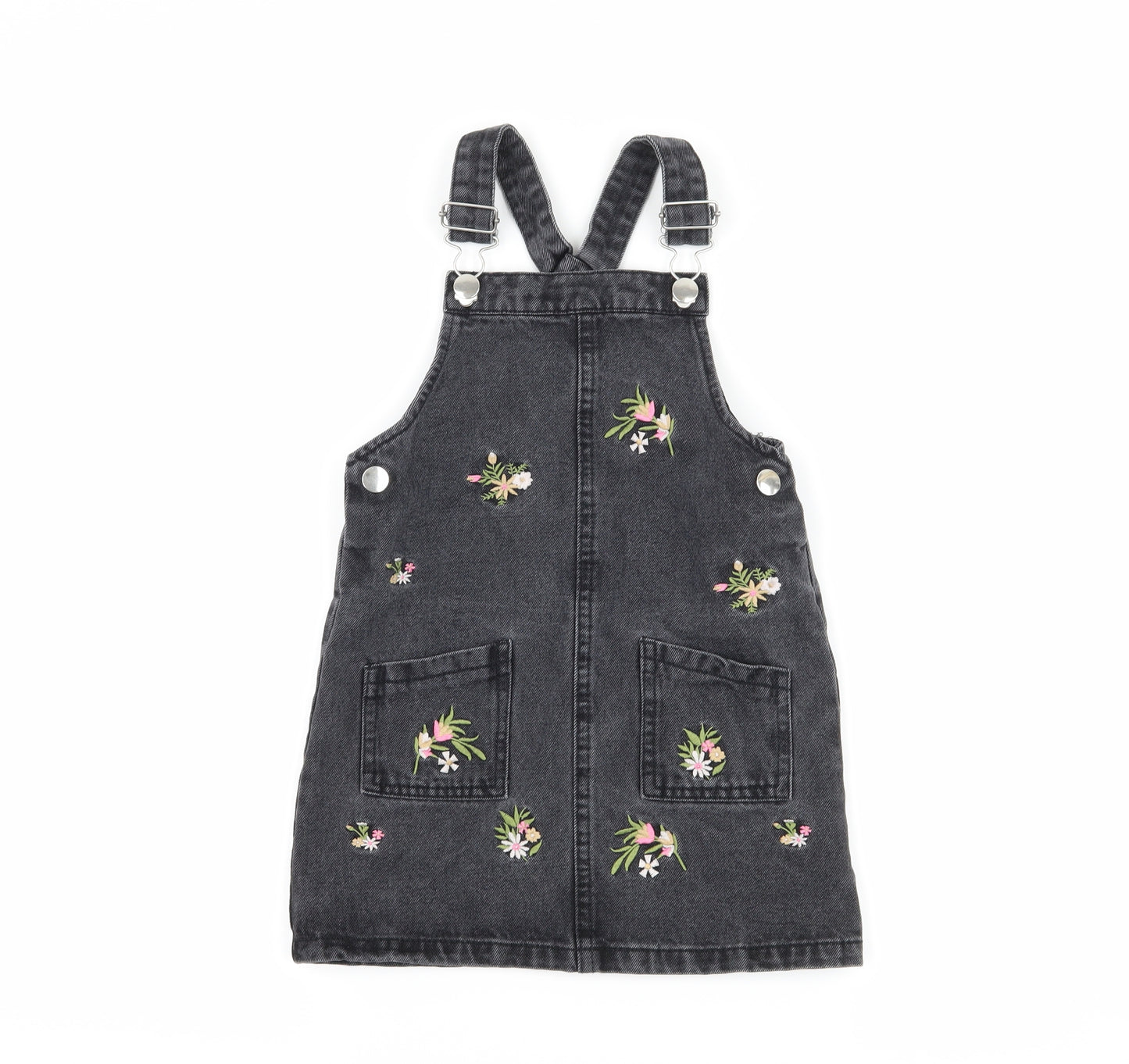 denim co Girls Grey Floral Denim Pinafore/Dungaree Dress  Size 4-5 Years