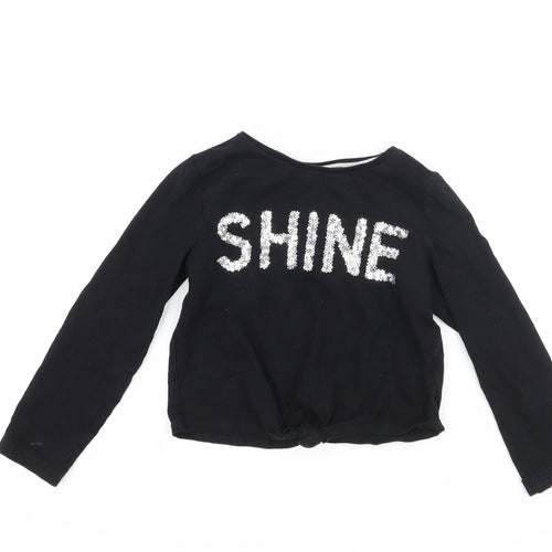 F&F Girls Black   Basic T-Shirt Size 6-7 Years  - shine tie knot front