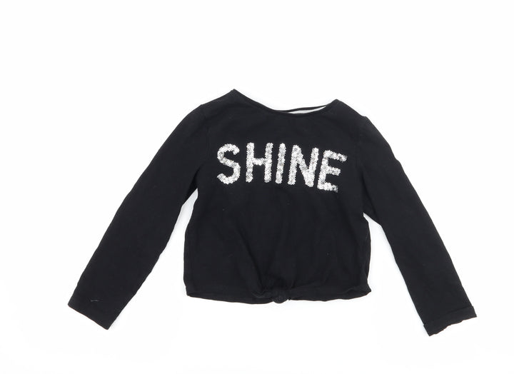 F&F Girls Black Basic T-Shirt Size 6-7 Years - shine tie knot front