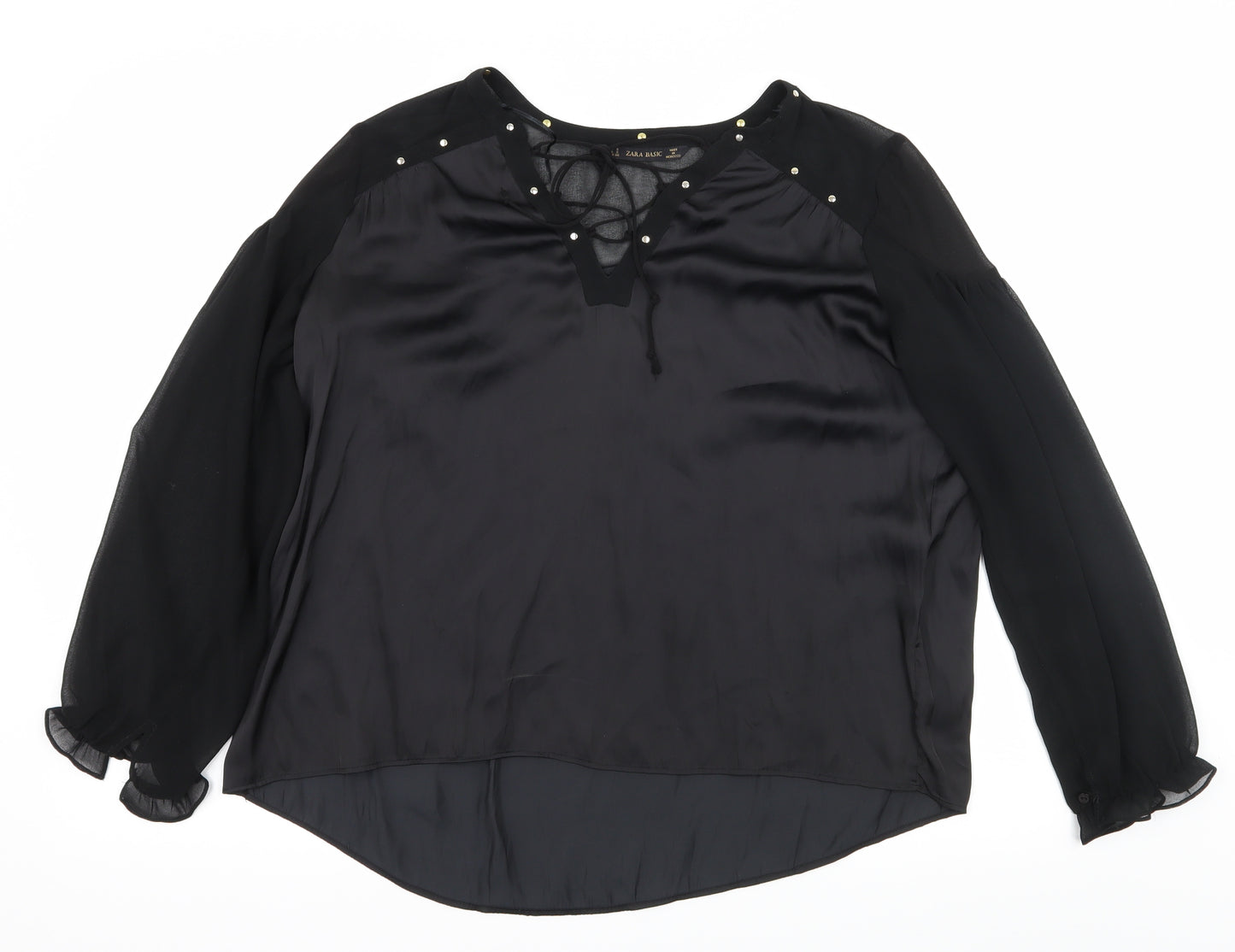 Zara Womens Black  Satin Basic Blouse Size S  - Lace up detail