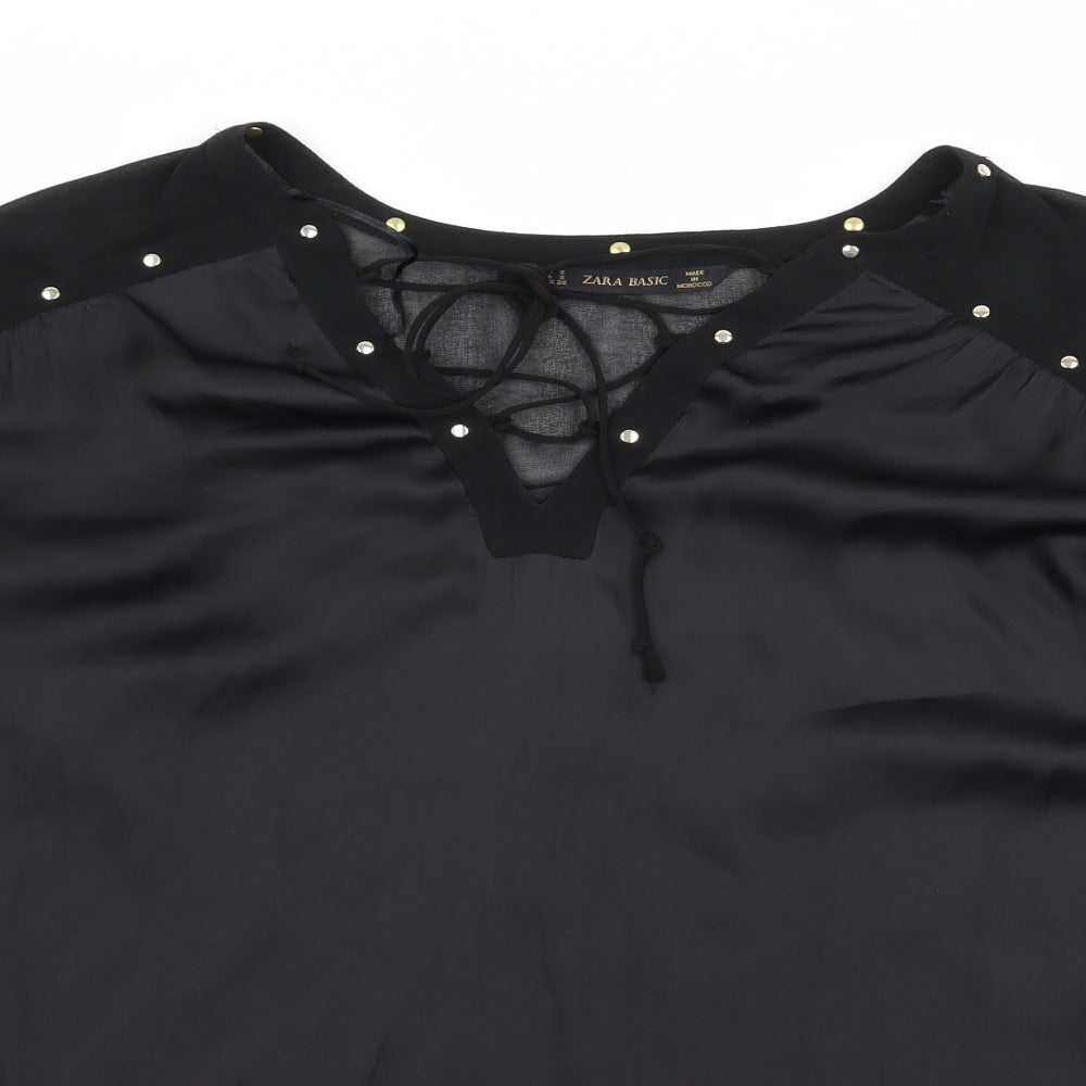 Zara Womens Black  Satin Basic Blouse Size S  - Lace up detail