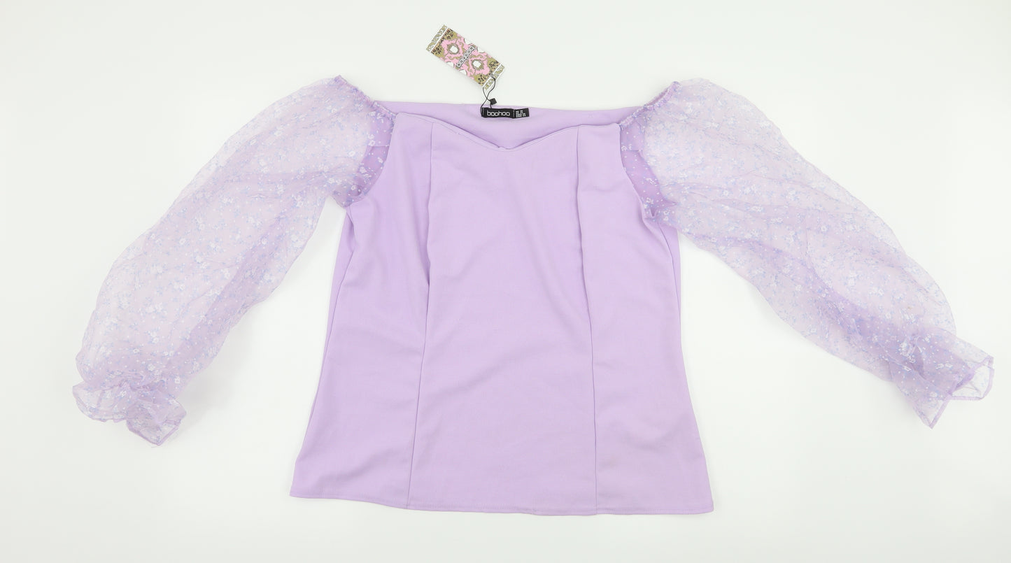 Boohoo Womens Purple Floral  Basic Blouse Size 18  - Puff sleeve