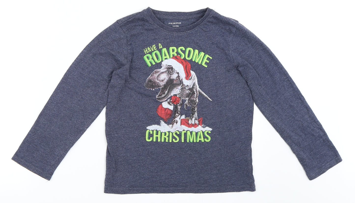 Primark Boys Blue   Basic T-Shirt Size 7-8 Years  - Christmas Dinosaur