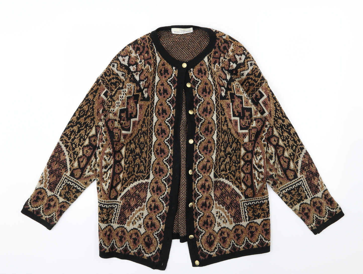 Marks and Spencer Womens Brown Geometric Knit Cardigan Jumper Size 12